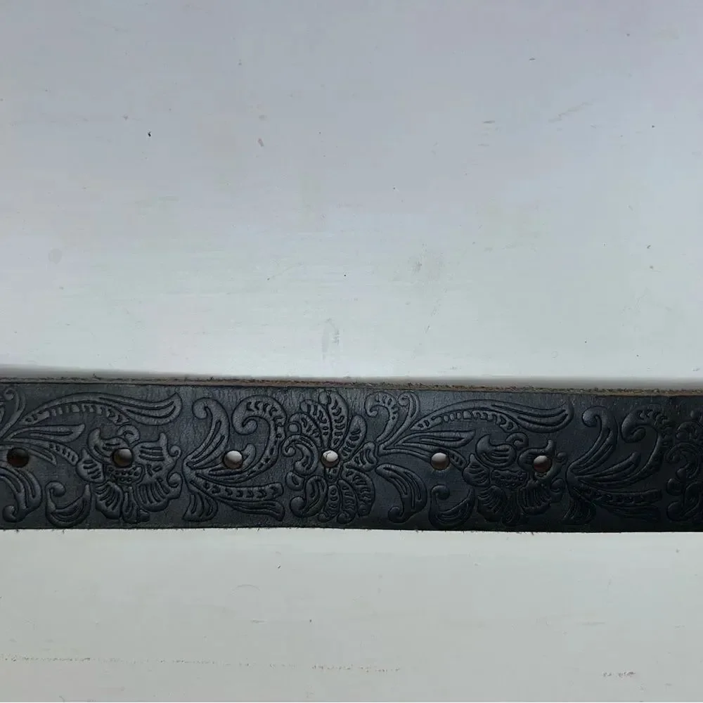 Mens Black Embossed Genuine Leather Embossed Western Inspired Belt Silver Buckle